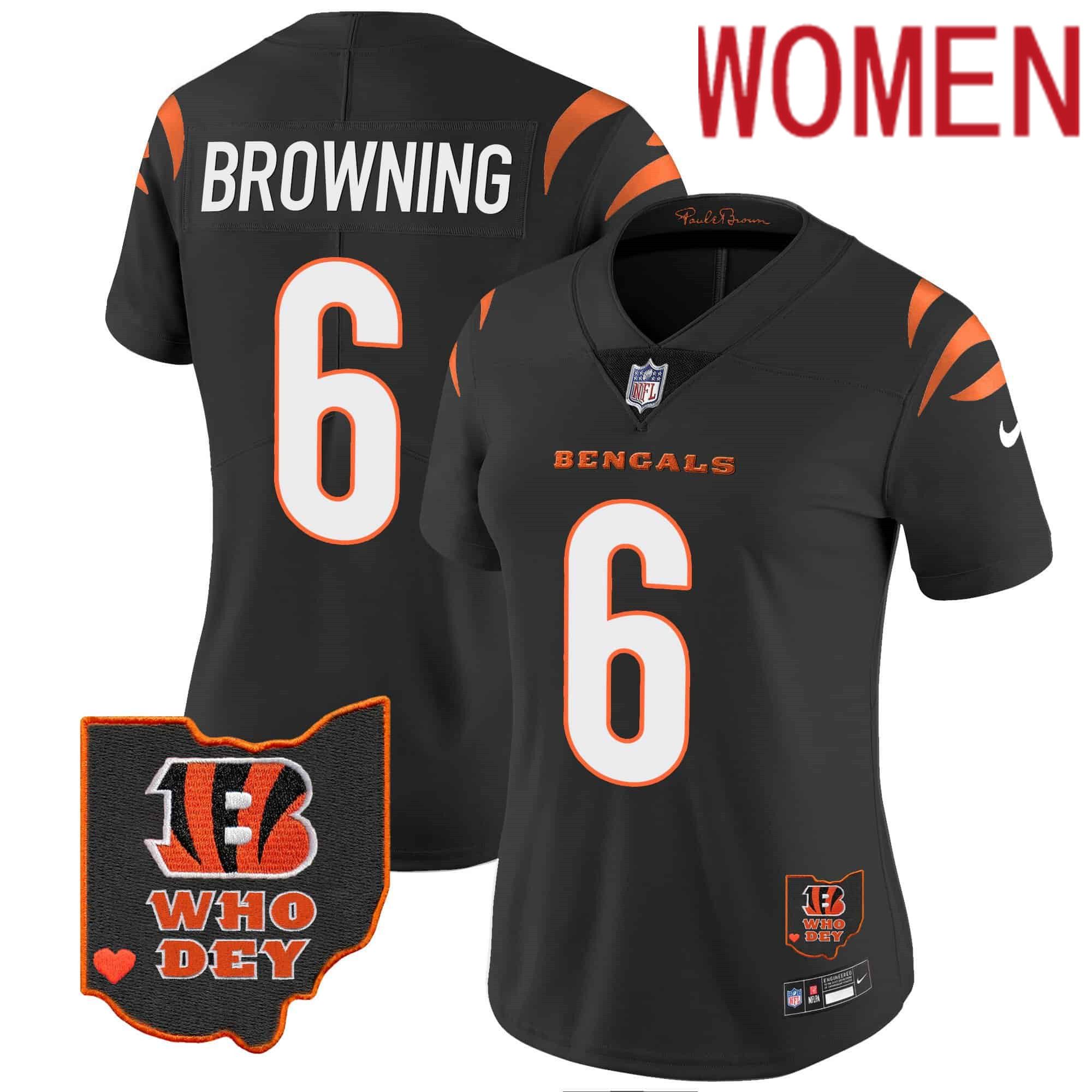 Women Cincinnati Bengals #6 Browning Black 2024 Nike Patch Vapor Limited NFL Jersey style 1->women nfl jersey->Women Jersey